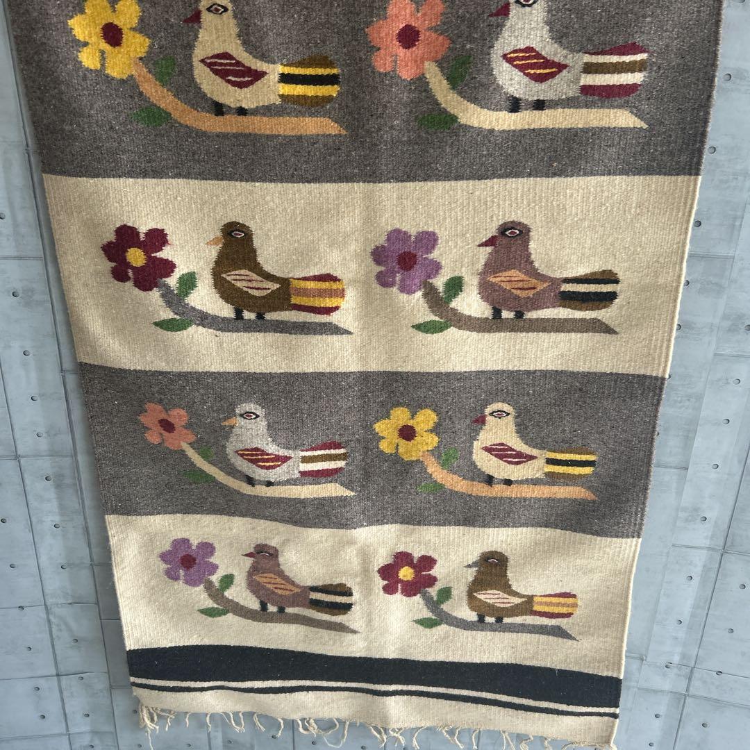【希少品】ヴィンテージ　メキシカン ラグ マット　鳥柄　BIRD フリンジ付き
