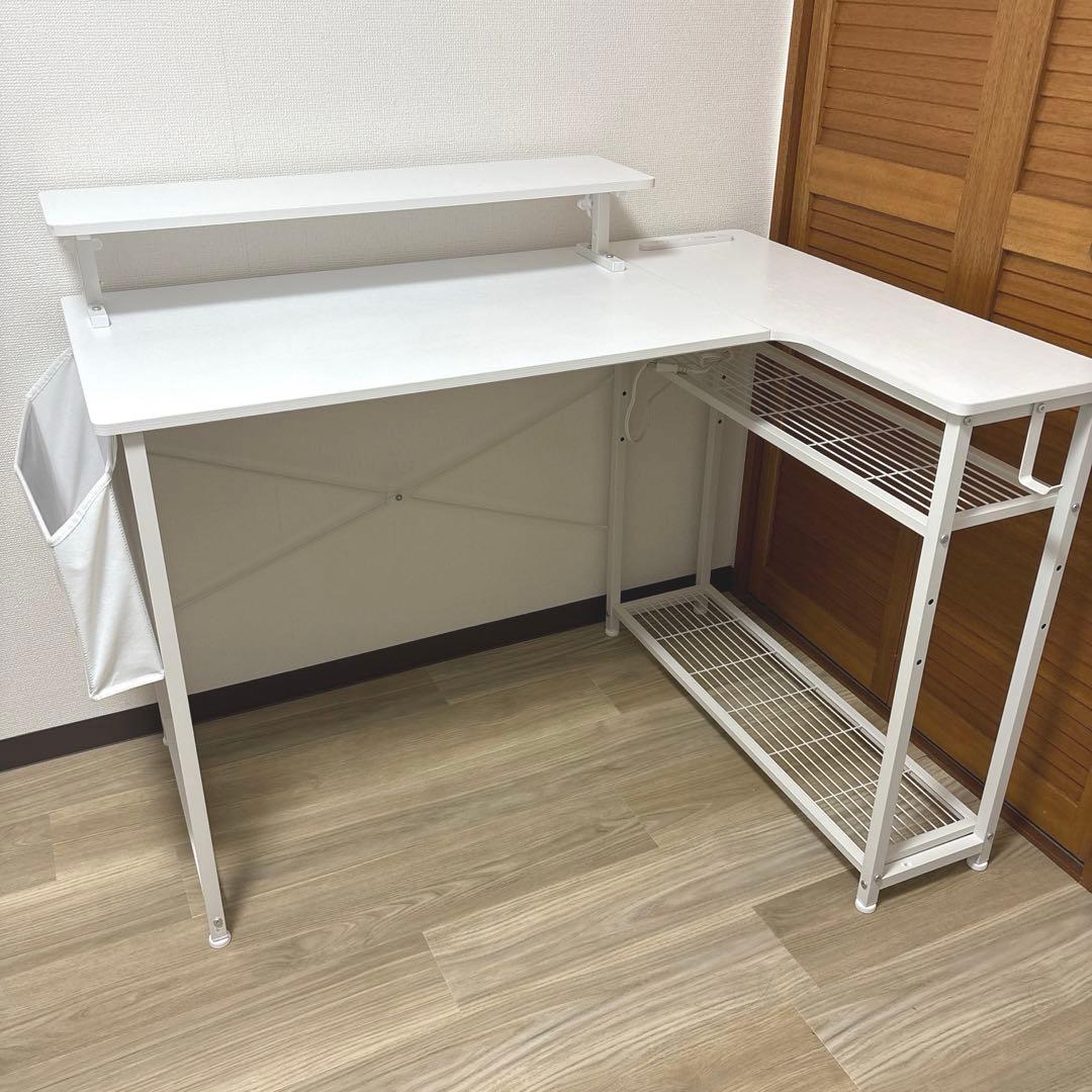 L字デスク ゲーミングデスク 棚 ポケット フック モニター台 白 dowinx
