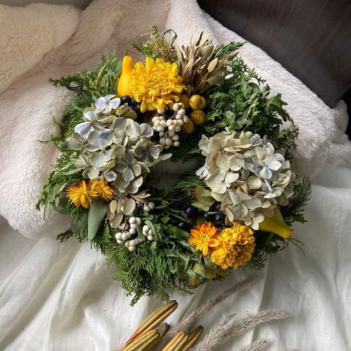 レモンイエロー　クリスマスリース　新春リース　グリーンリース　クリスマス