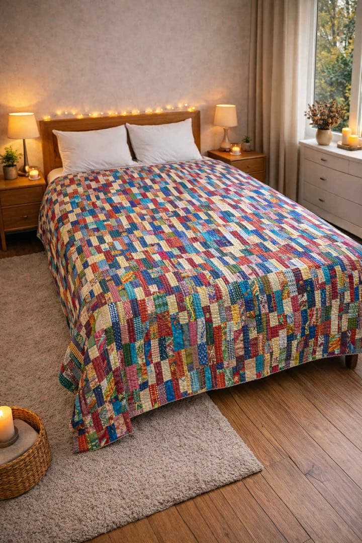 インド　ダブルサイズ　パッチワーク　ストーンウォッシュ×プリント花柄　フリーダ