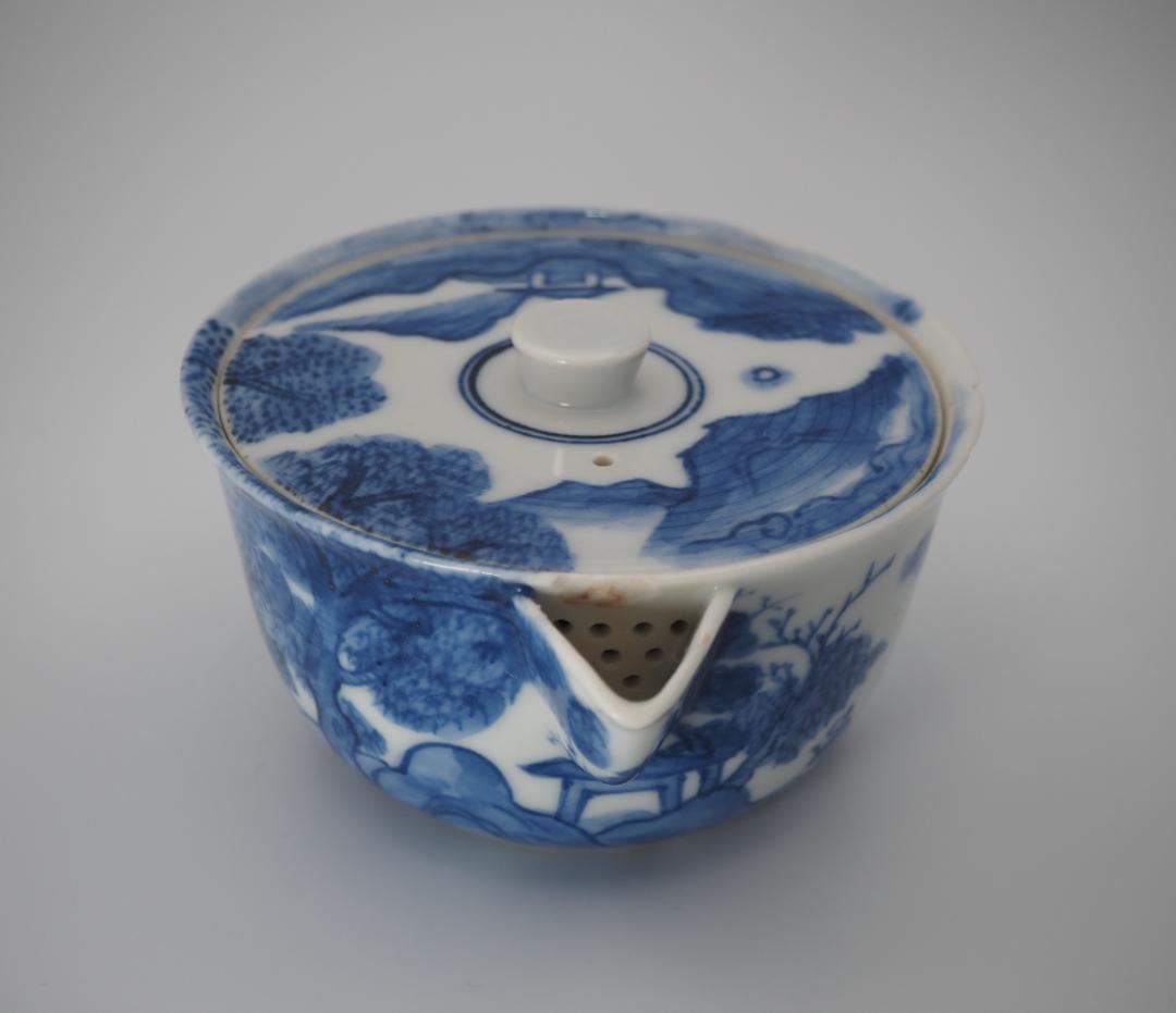 京焼 清風与平作 青華 山水風景人物図 宝瓶 泡瓶 共箱