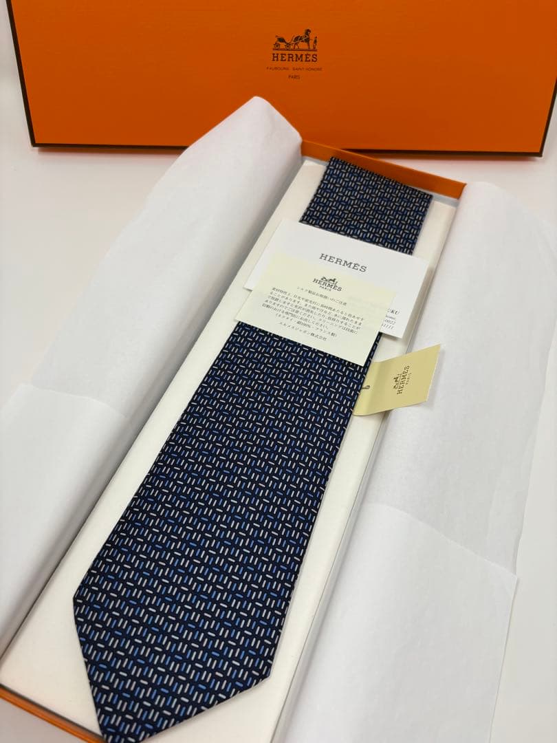 HERMES エルメス ネクタイ 箱タグ付き 紺 小紋柄 シルク100