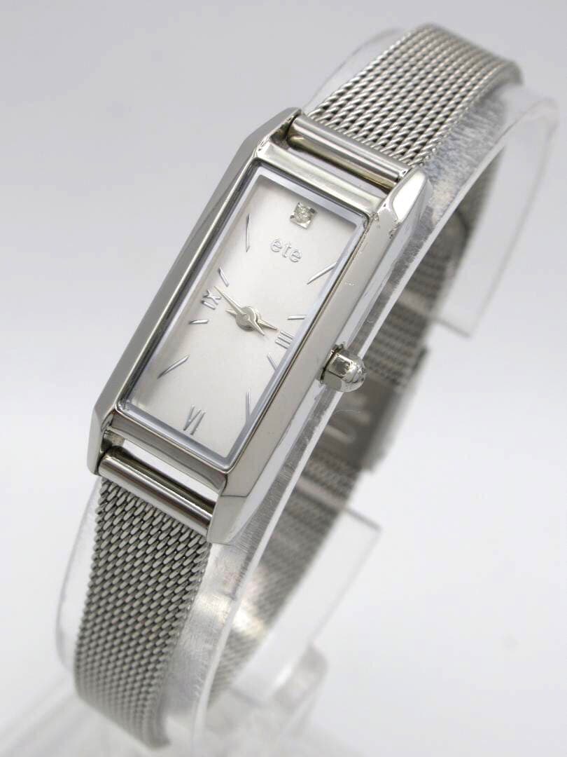 ete エテ レクタングルフェイス メッシュベルト シルバー 腕時計 1Pダイヤ