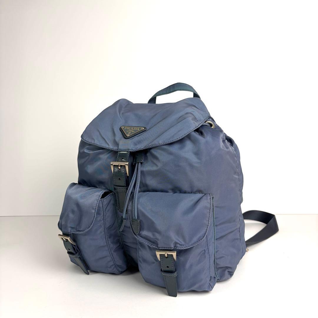 美品 PRADA プラダ リュック 三角ロゴプレート ナイロン レザー ブルー