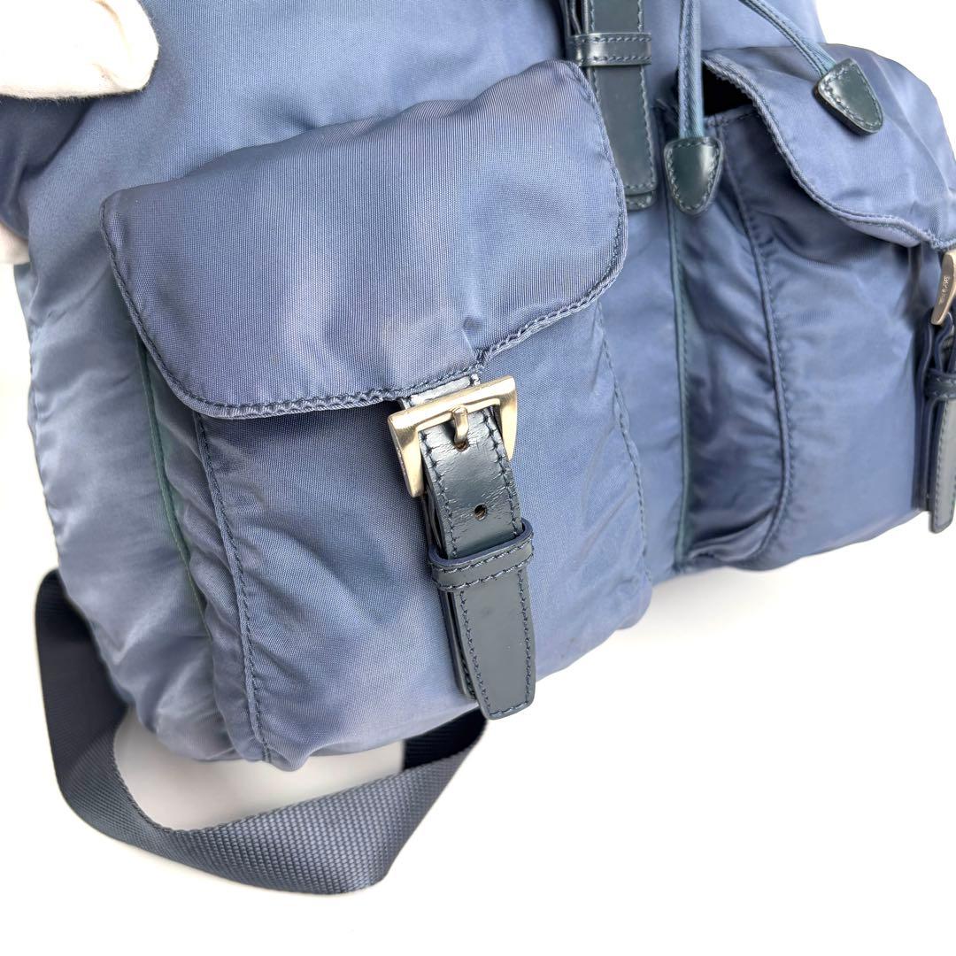 美品 PRADA プラダ リュック 三角ロゴプレート ナイロン レザー ブルー