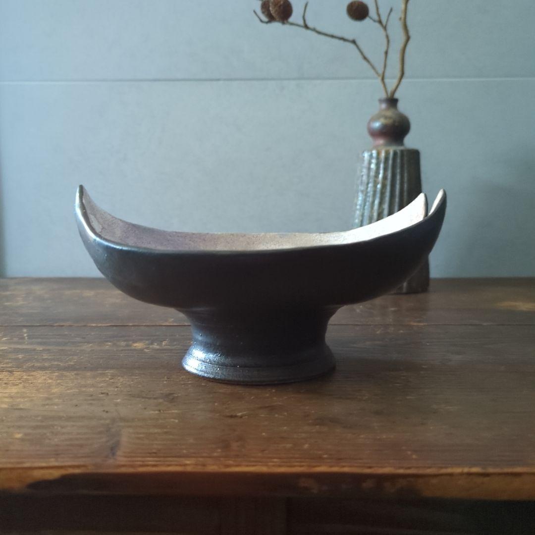 陶芸　作家もの　益子焼　島田恭子作　桜花弁型　菓子器　高台皿　コンポート