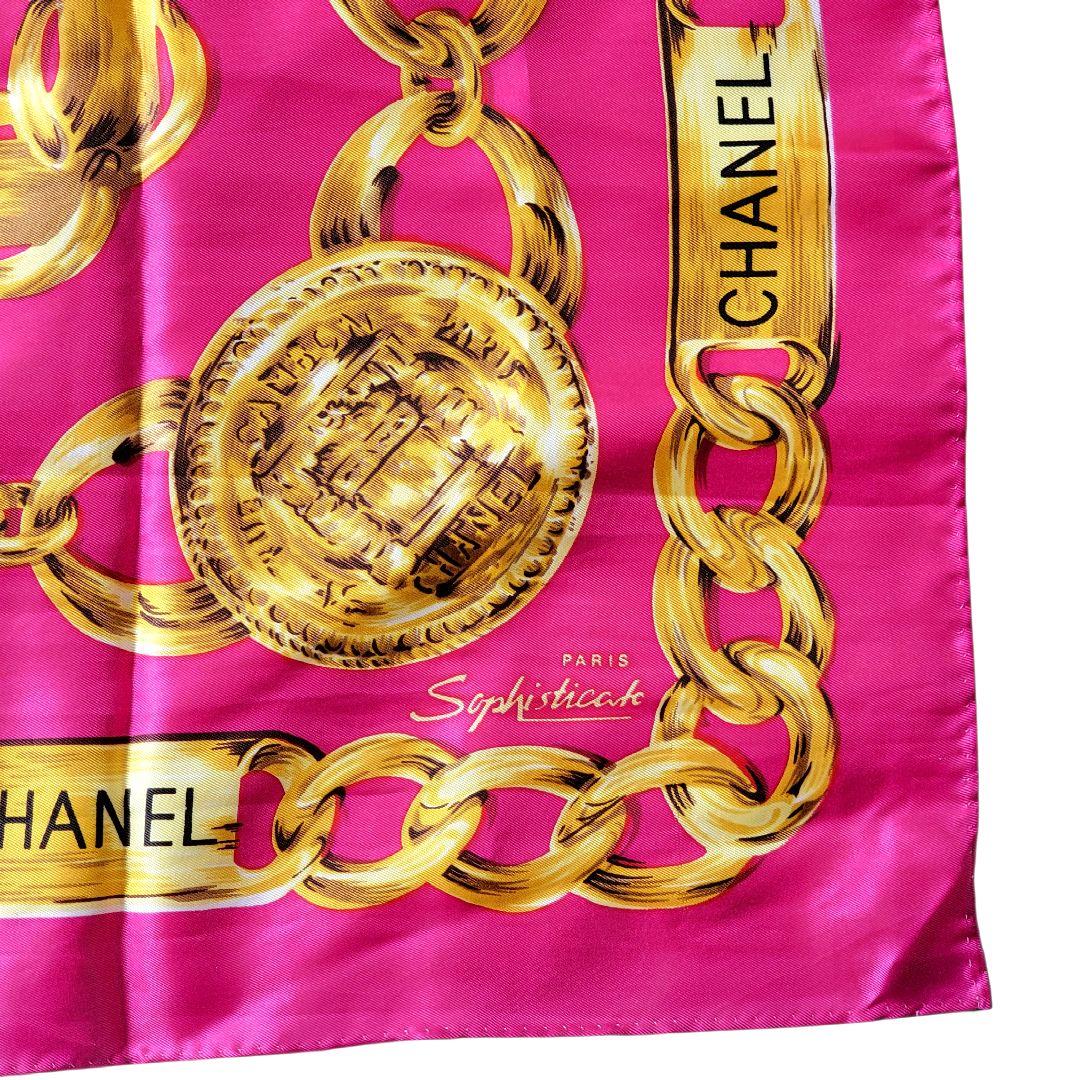 シャネル　大判スカーフ　シルク　ピンク ゴールドチェーン・ココマーク 88cm
