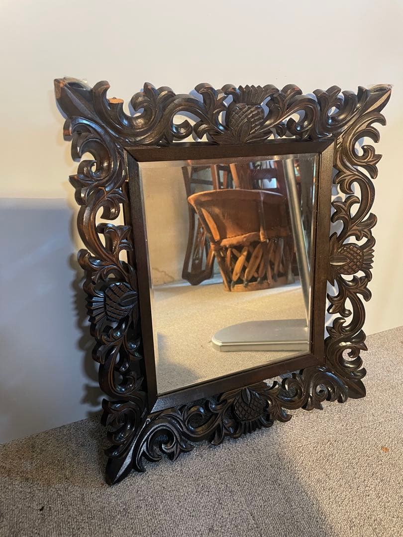 パイナップル 木彫装飾ミラー ヴィンテージ 壁掛け鏡 木製　当時物　昭和レトロ