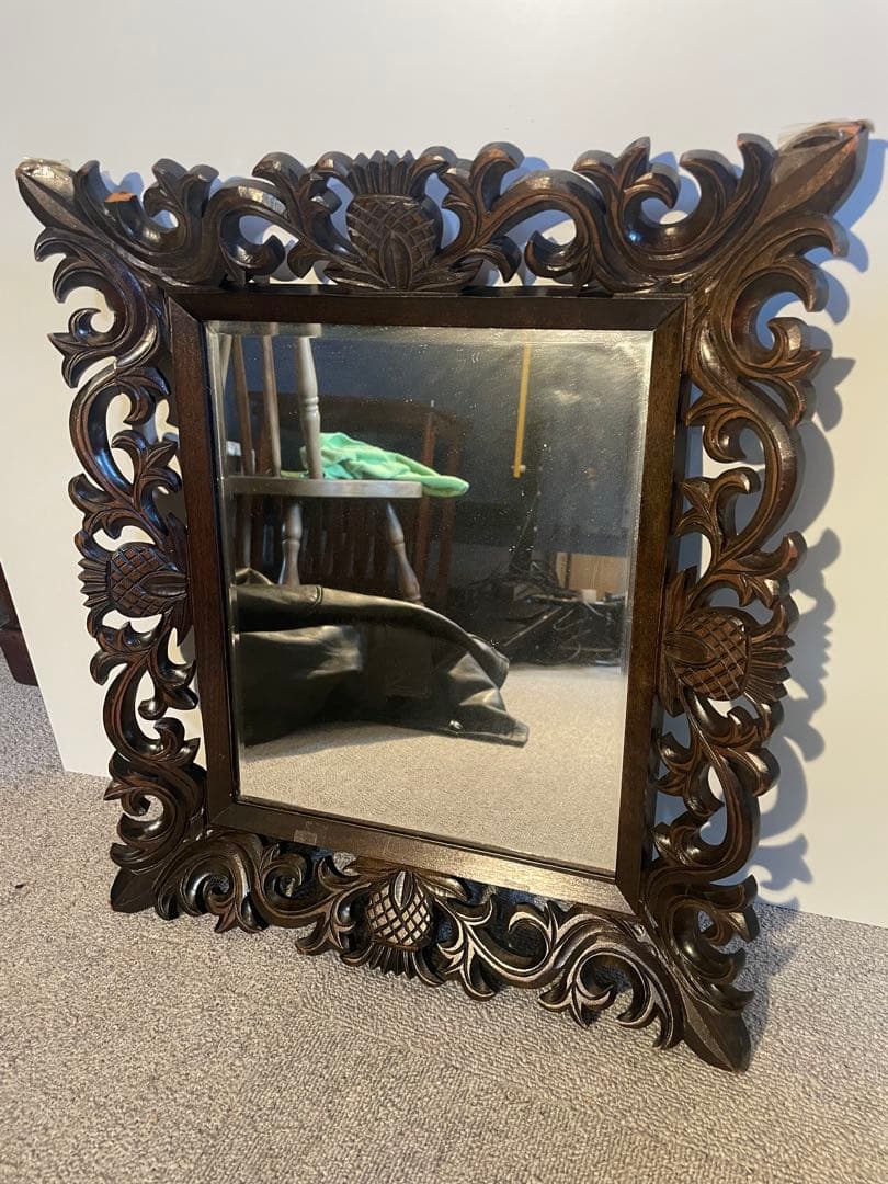 パイナップル 木彫装飾ミラー ヴィンテージ 壁掛け鏡 木製　当時物　昭和レトロ