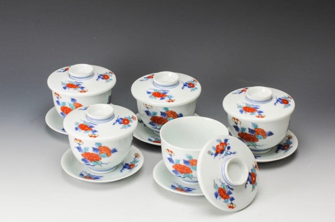 【極レア】十一代 今泉今右衛門 錦三方花絵蓋碗 五客