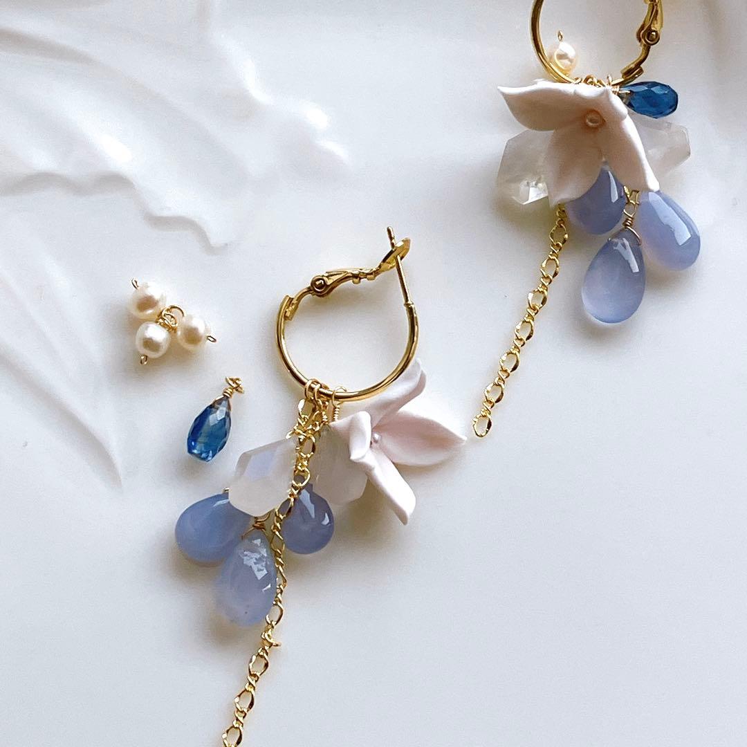 白妙◆ブルーカルセドニー×ブルームーンストーン×カイヤナイトピアス✧リリー