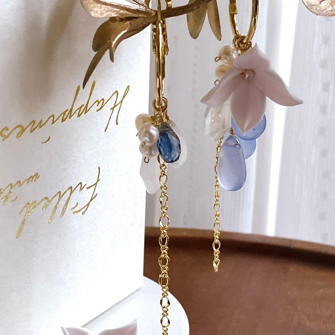 白妙◆ブルーカルセドニー×ブルームーンストーン×カイヤナイトピアス✧リリー