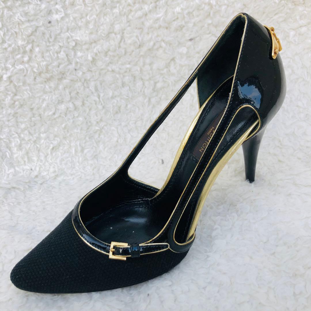 LOUIS VUITTON ブラック ハイヒール 南京錠 ゴールド エナメル