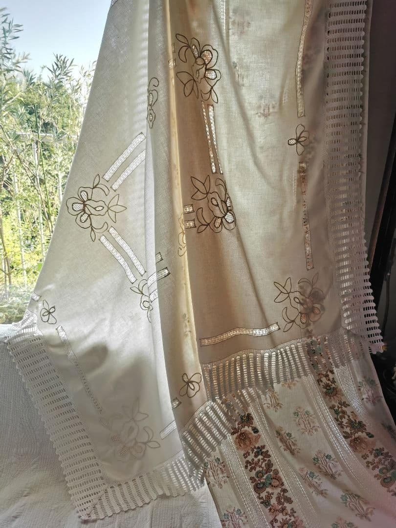 アンティークイタリア 淡いピンク 花刺繍＆ドローンワーク クロシェレースクロス