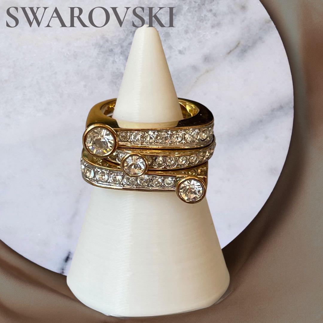美品◆スワロフスキー アレンジ自在キラキラ輝きリング3点ゴールド色 指輪 10号