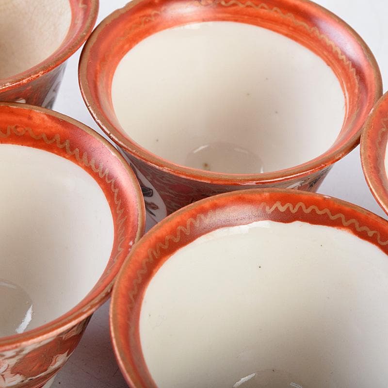 九谷焼　古九谷　赤絵金彩　人物花文　煎茶碗　五客　時代箱付　U　R9306