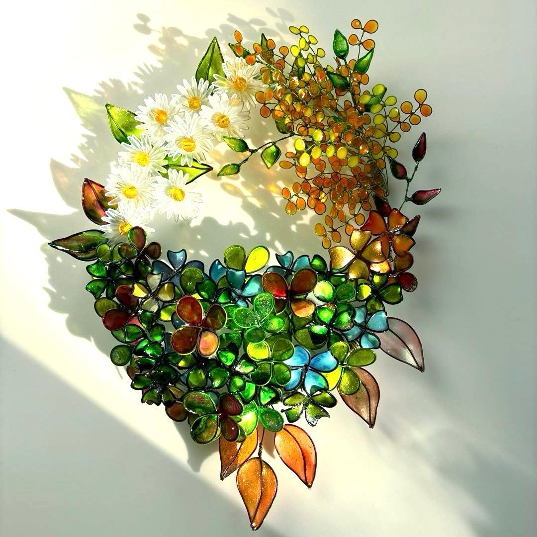 一点物　大きな春いっぱいリース　ワイヤークラフト　ディップアート　壁飾り　アート