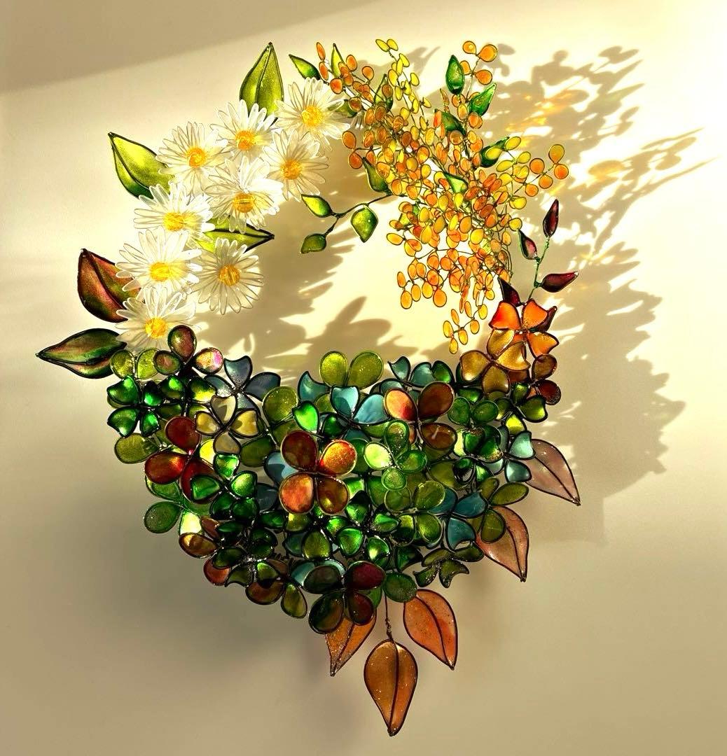 一点物　大きな春いっぱいリース　ワイヤークラフト　ディップアート　壁飾り　アート