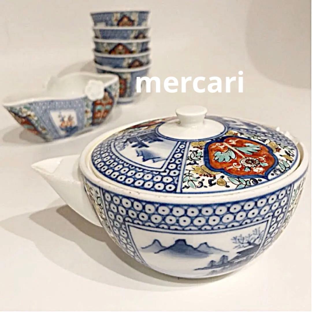 酒井田柿右衛門　煎茶器揃い　宝瓶　湯冷　湯呑　染付茶器　茶道具　染錦間取山水地紋