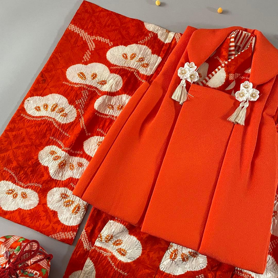七五三　3歳　正絹総絞りのお着物セット　オレンジちりめん被布