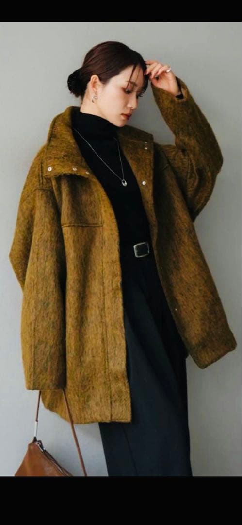 リュミエ：スタンドカラーコート：マスタード オーバーサイズ ウール混紡