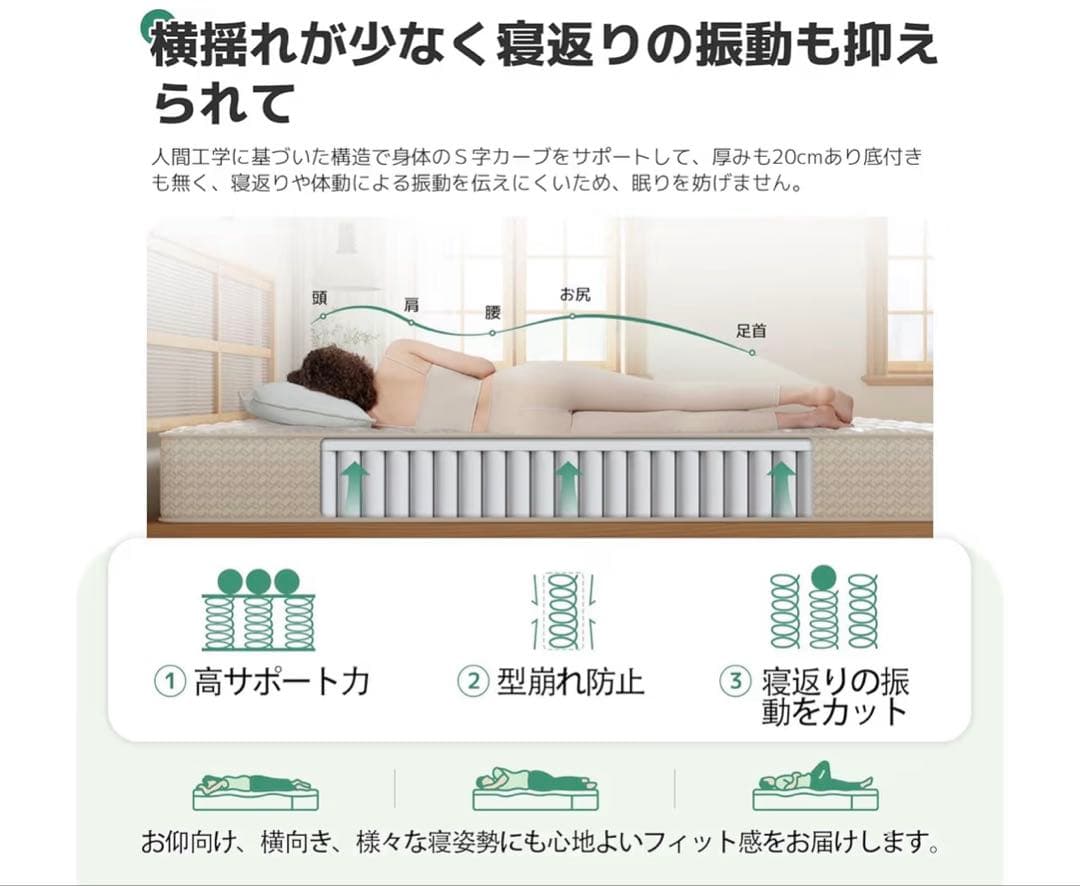 マットレス セミダブル 極厚20cm 硬め 通気性 高級スプリング 高反発