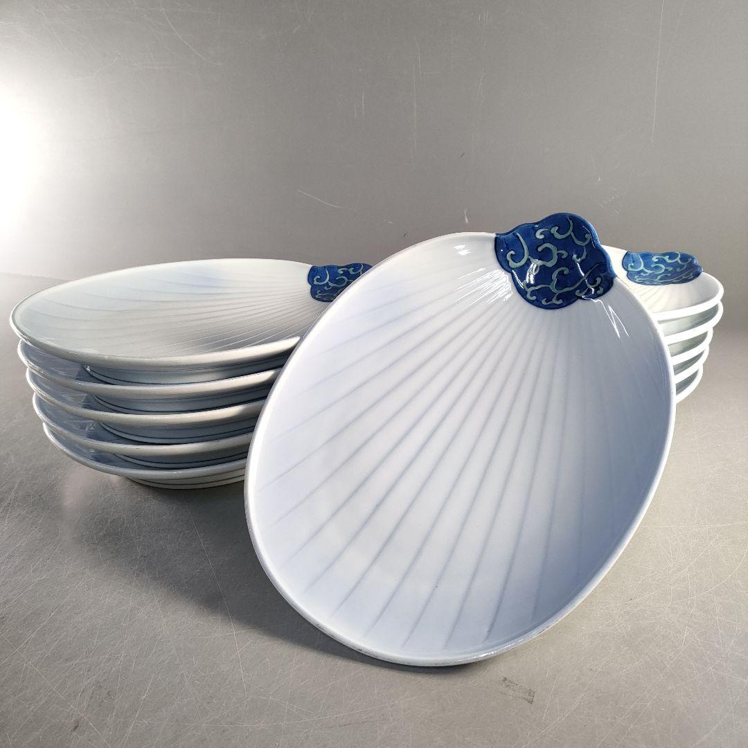 A1378-4/有田焼/富右衛門窯/団扇形皿11客/飾皿/盛皿/菓子皿/懐石道具