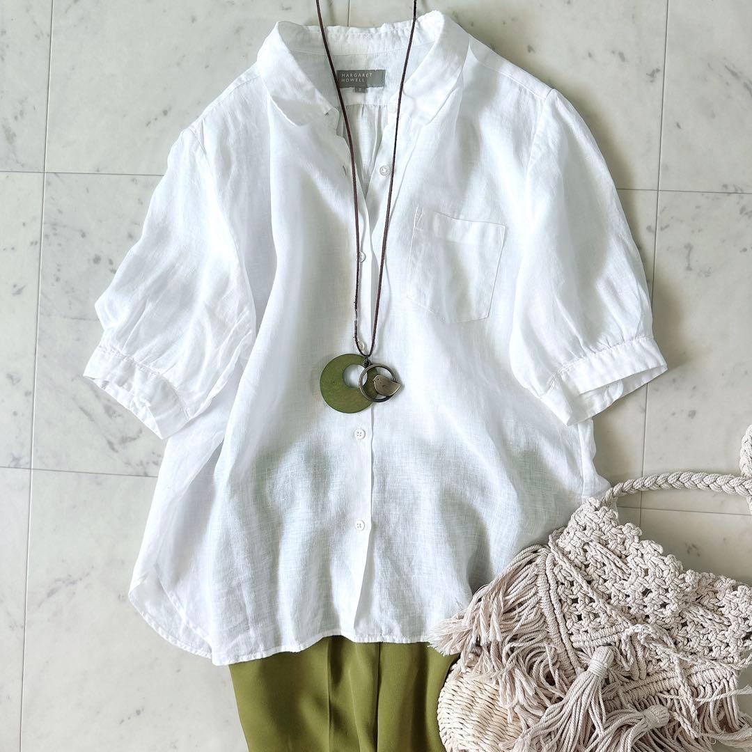 極美品♪マーガレットハウエル リネン ギャザーシャツ 麻100% 半袖 ホワイト