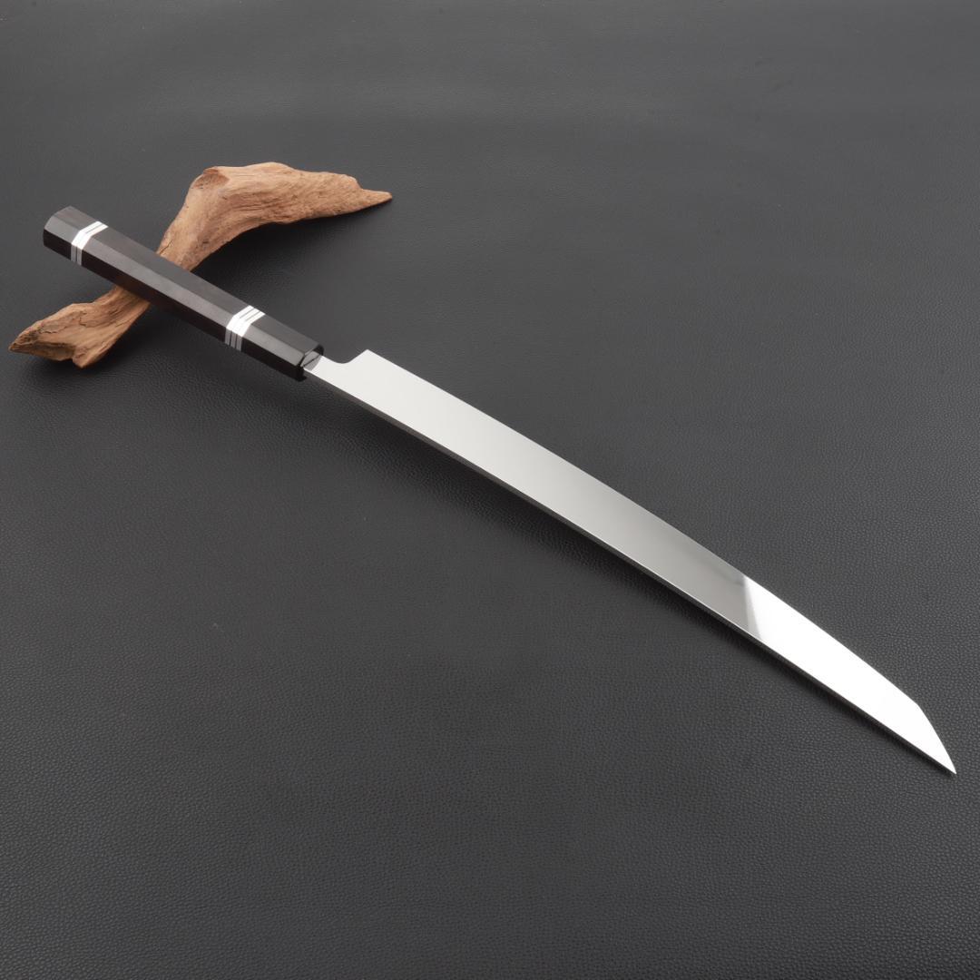 11199鬼反り先丸包丁尺二鏡面仕上げ刺身包丁刃は究極の切れ味黒檀五本銀巻八角柄