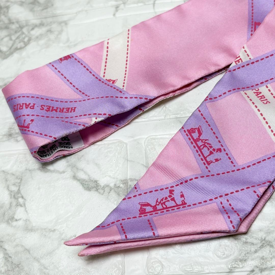 極美品　エルメス　HERMES ツイリー　スカーフ　リボン柄　ピンク　バンダナ