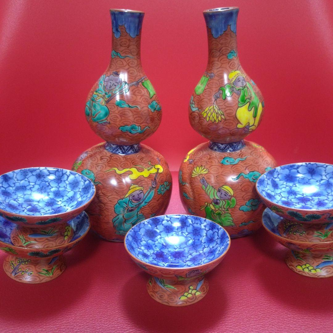 超希少！レア！　アンティーク　清水焼　赤地唐子　酒器揃　平安　正峰造