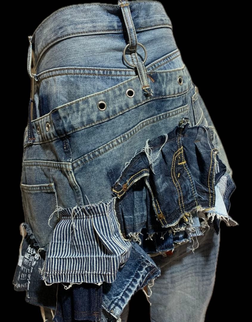 デニムリメイク★ふりふり重ね履きシルエットパンツ