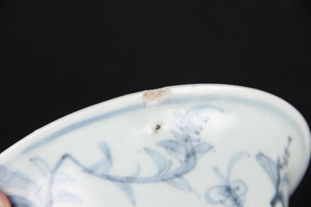 中国美術　清代　青花福字紋高足碗　供器　仏教祭器　花卉蝶文 陶磁 ESM12-7