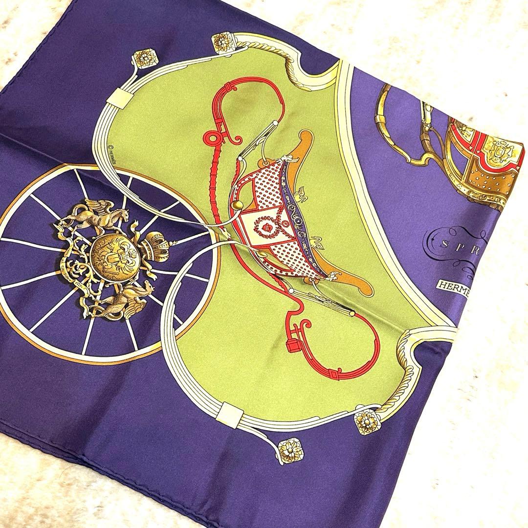 エルメス　スカーフ　カレ90　シルク　パープル　springs 馬車