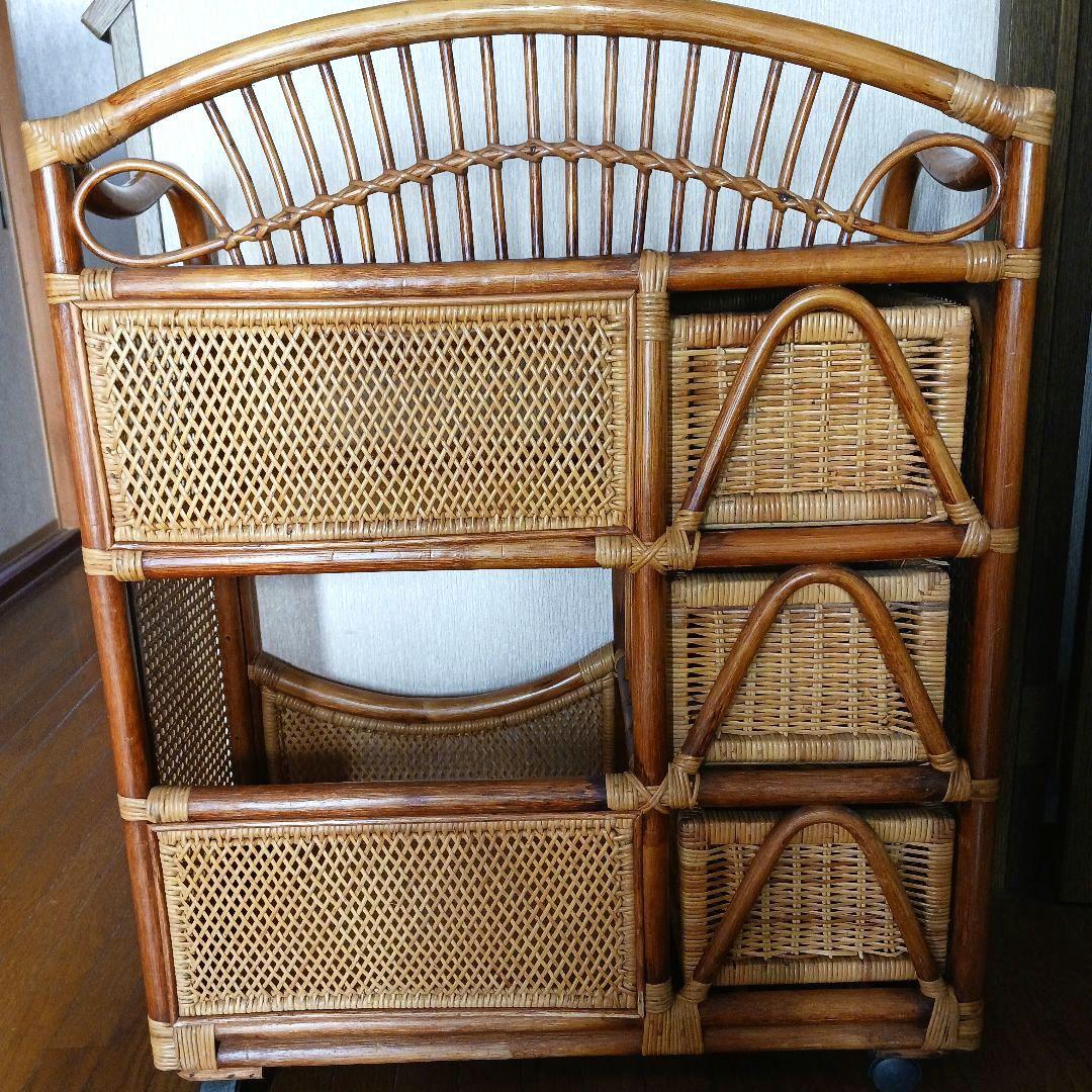 ラタン製 3段引き出しチェスト　オープンシェルフ　キャスター付き