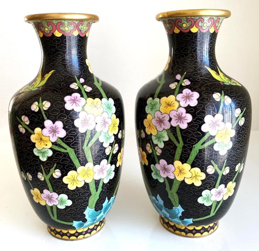 Vintage 花瓶 七宝焼 景泰藍 骨董品 花器 陶器 ２個セット 台座付き