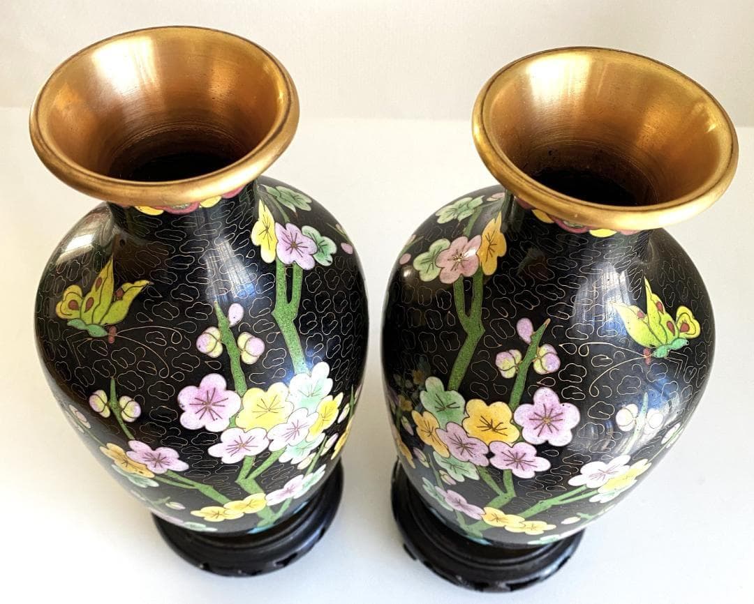 Vintage 花瓶 七宝焼 景泰藍 骨董品 花器 陶器 ２個セット 台座付き