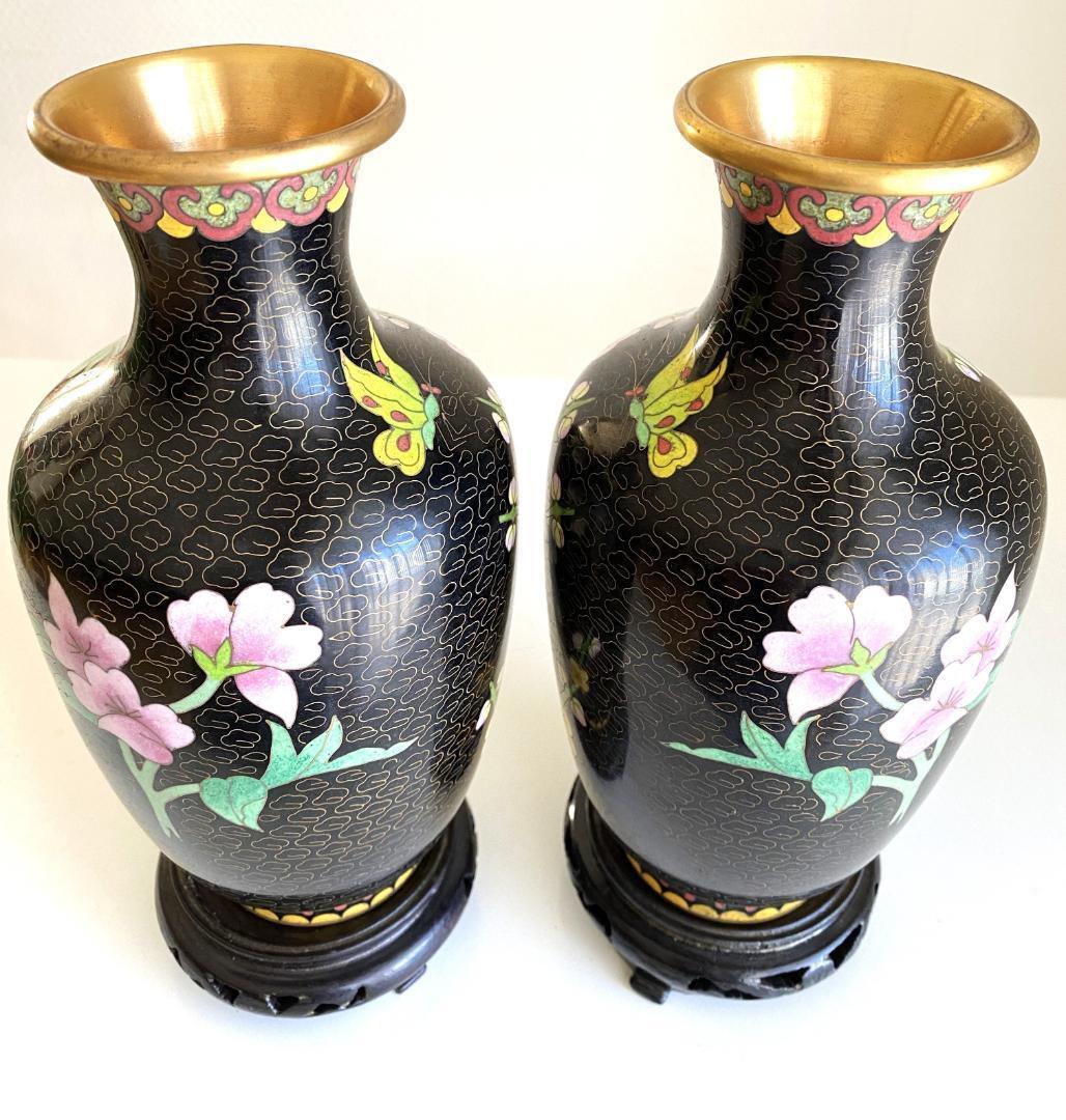 Vintage 花瓶 七宝焼 景泰藍 骨董品 花器 陶器 ２個セット 台座付き