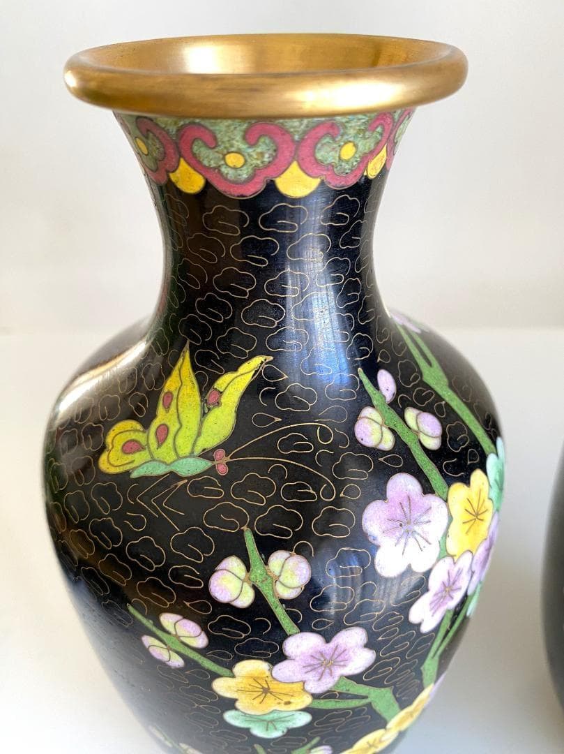 Vintage 花瓶 七宝焼 景泰藍 骨董品 花器 陶器 ２個セット 台座付き