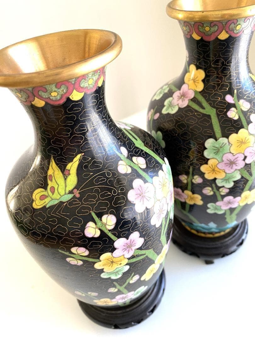 Vintage 花瓶 七宝焼 景泰藍 骨董品 花器 陶器 ２個セット 台座付き