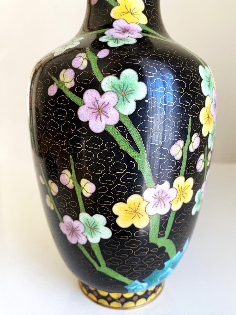 Vintage 花瓶 七宝焼 景泰藍 骨董品 花器 陶器 ２個セット 台座付き