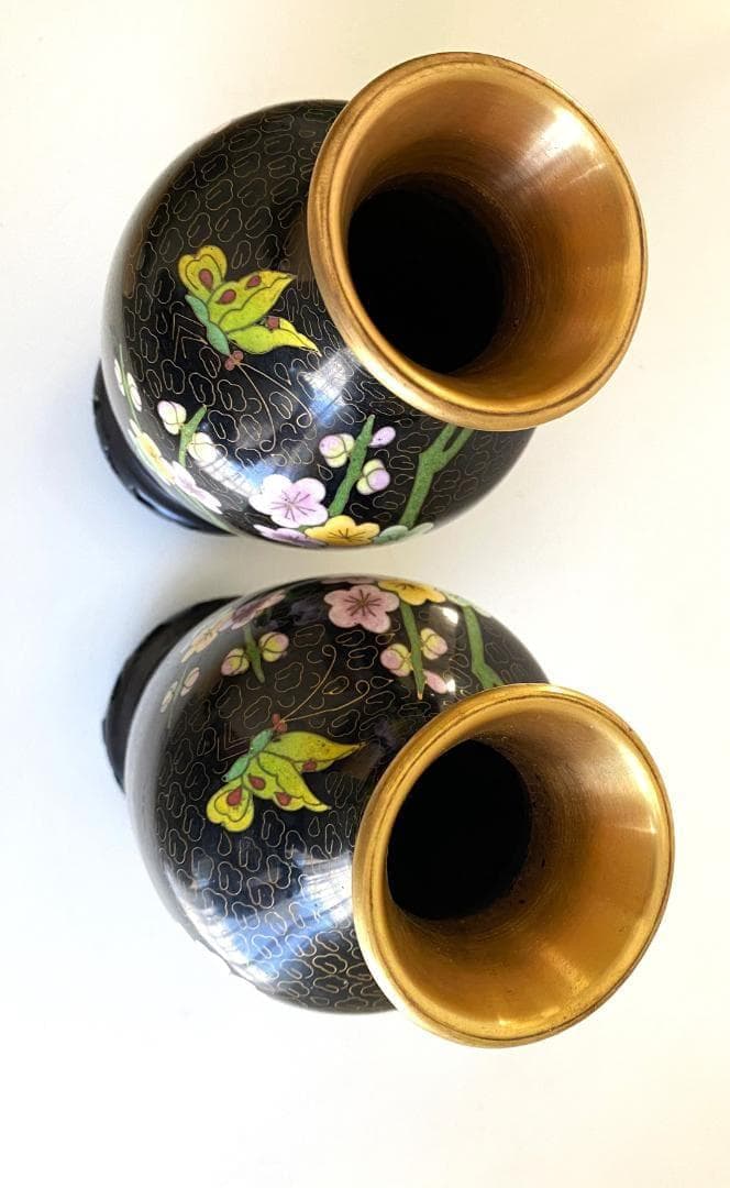 Vintage 花瓶 七宝焼 景泰藍 骨董品 花器 陶器 ２個セット 台座付き