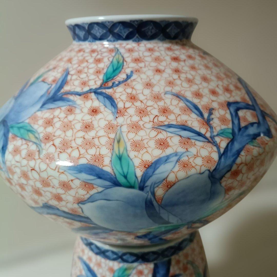 花柄陶器花瓶 ✿市川光春　鍋島御庭焼　桃文台付花瓶