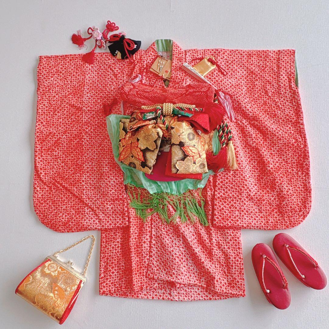 七五三　３歳　女の子　きものフルセット　中古品　オレンジ総絞り