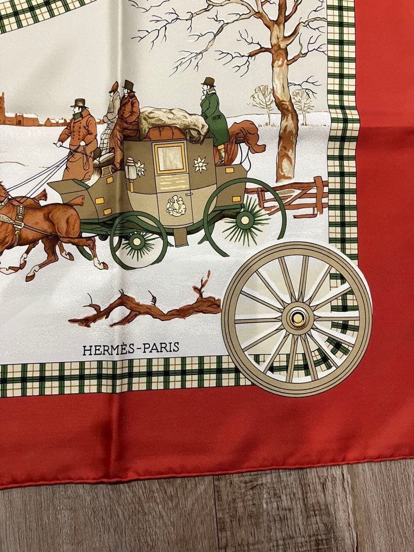 11s31 HERMES エルメス スカーフ カレ 90 シルク 冬の郵便馬車