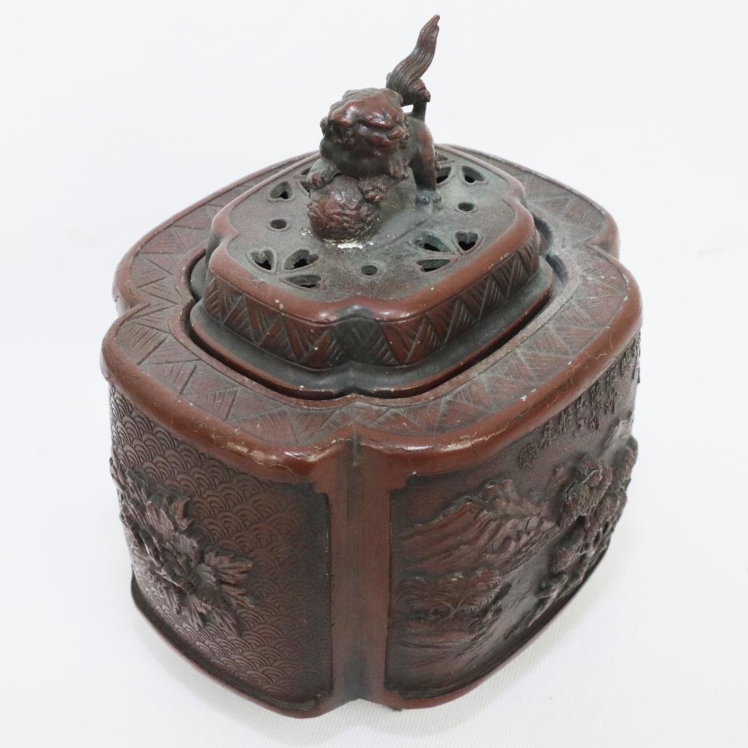 高岡銅器 佐野宏采 山水 風景図 玉乗獅子摘 四足香炉