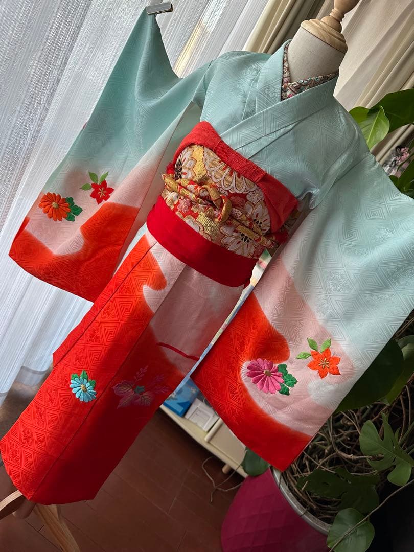 3歳女の子 七五三フルセット 空色ブルー×レッドオレンジ ぼかし染めに手刺繍