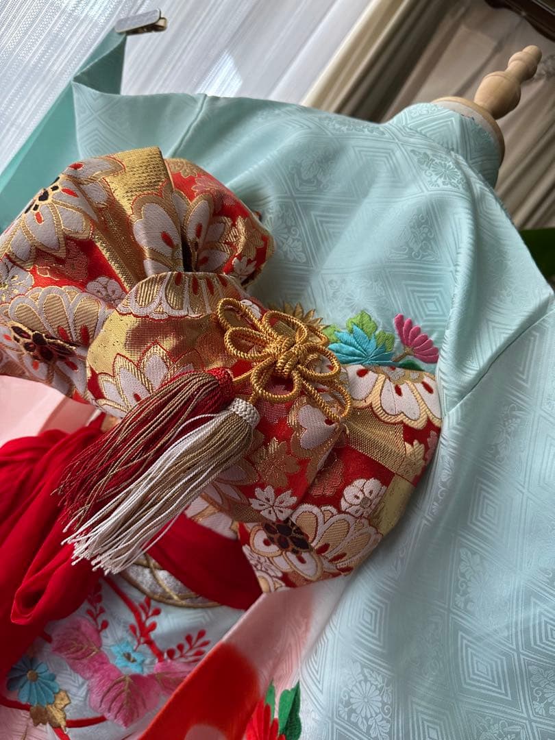 3歳女の子 七五三フルセット 空色ブルー×レッドオレンジ ぼかし染めに手刺繍