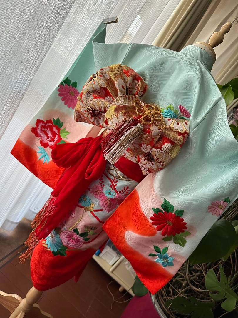 3歳女の子 七五三フルセット 空色ブルー×レッドオレンジ ぼかし染めに手刺繍