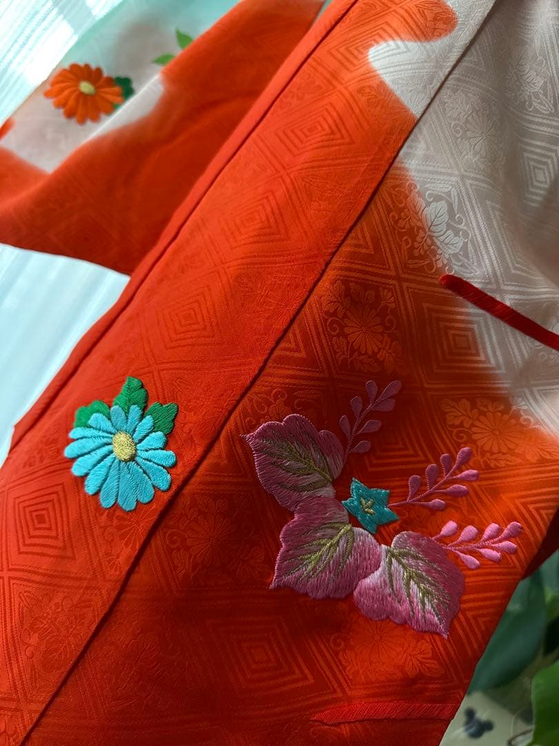 3歳女の子 七五三フルセット 空色ブルー×レッドオレンジ ぼかし染めに手刺繍